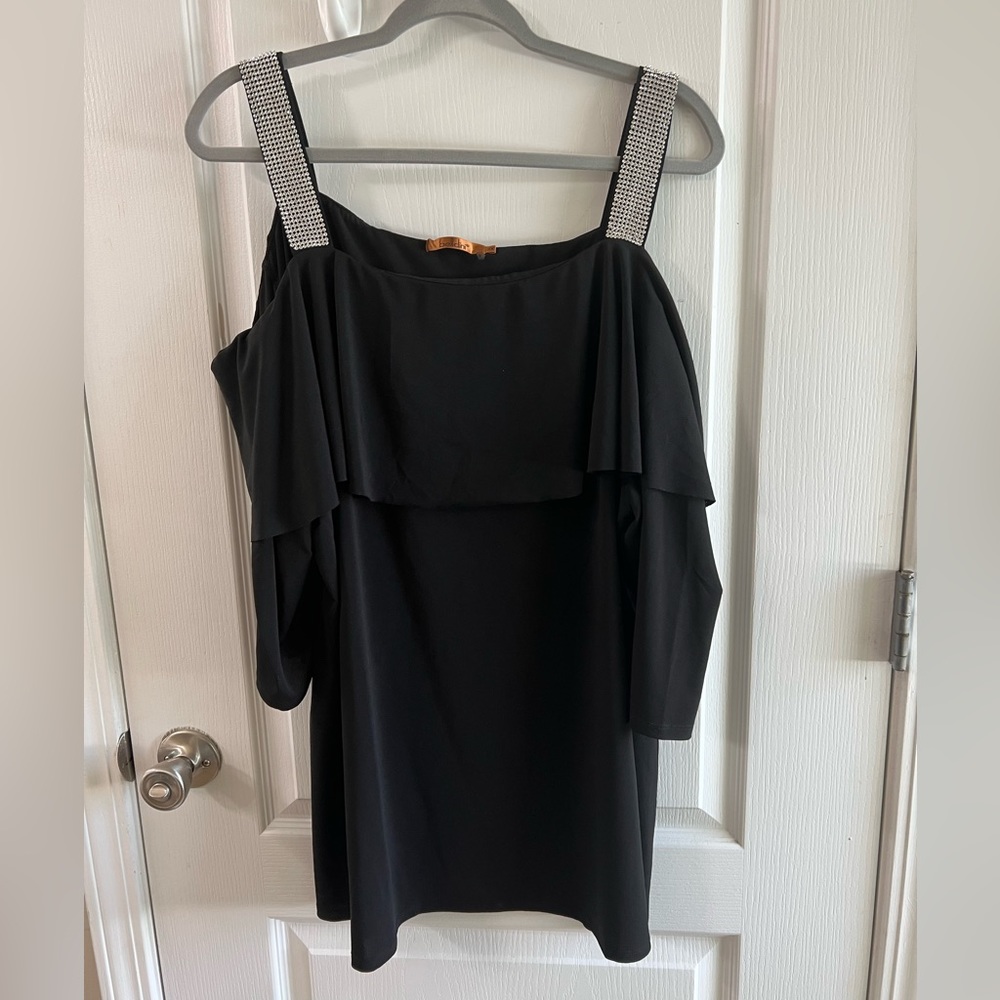 Black plus size 3X cold shoulder bling detail 3/4 sleeves off shoulder blouse